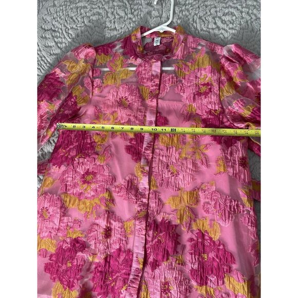 Chic Wish Floral Jacquard Puff Sleeves Organza Buttoned Belted Dolly Dress Sz L - Picture 6 of 8